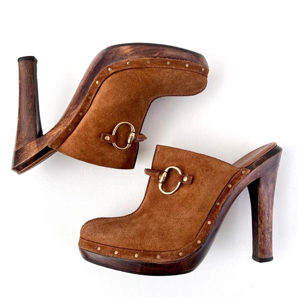 GUCCI | Brown Suede Horsebit Nailhead High Heel Wood Mule Clogs Platform US 8.5 - Picture 11 of 16